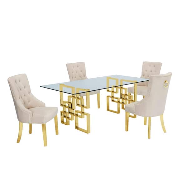 Best Quality Furniture Dominga 5-Piece Glass Top with Stainless Steel and Set with 4-Cream Velvet Chairs