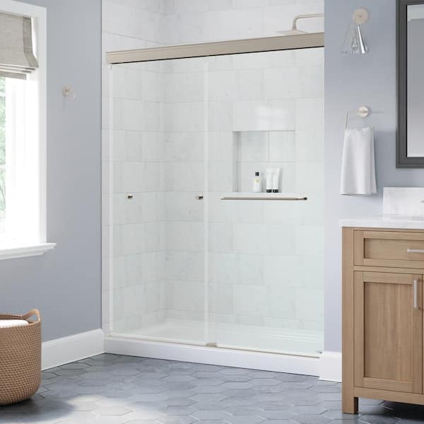 Portwood 60 in. W x 70-1/4 in. H Semi-Frameless Sliding Shower Door, Brushed Nickel, 6 mm Clear Glass