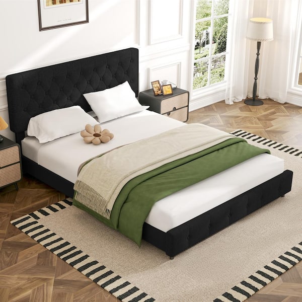 JEAREY Black Queen Linen Upholstered Storage Platform Bed Frame with Headboard
