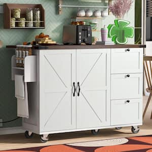 White Wood Grain Countertop 54.5 in. W Kitchen Island with Power Outlet and Drop Leaf