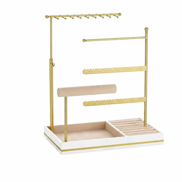 Gold & White Metal Jewelry Organizer Stand with Velvet Ring Tray, Adjustable 5-Tier Display Tower