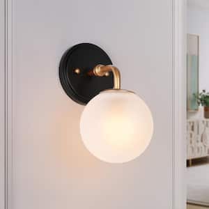 Modern 5.5 in. 1-Light Vintage Gold Wall Sconce with Matte Black Accents and Frosted Glass Globe Shade