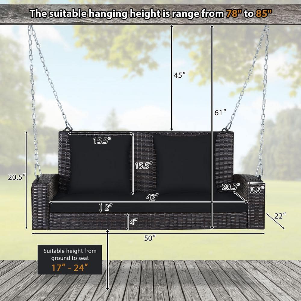 Black Wicker 2-Person Patio Swing with Cushions