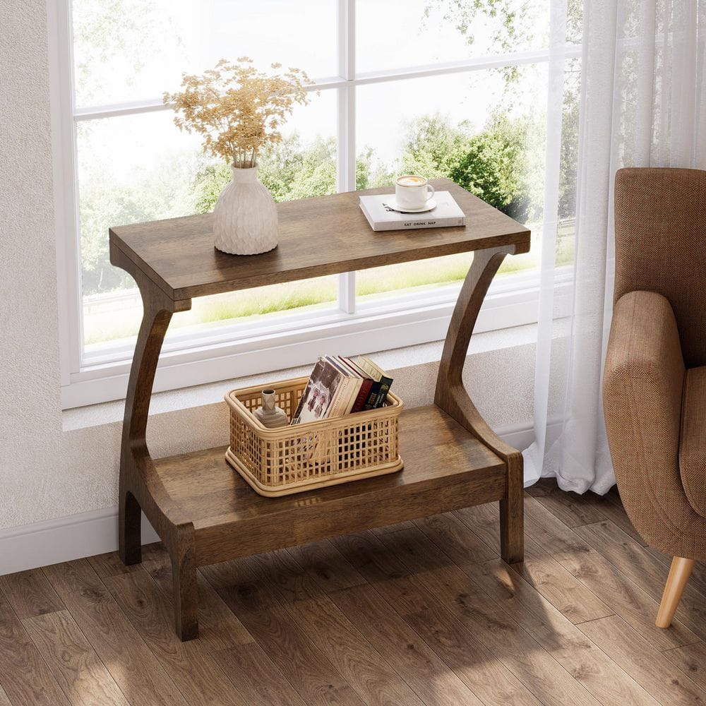 23 in. Natural Wood Solid Wood End Table with 2-Tier Storage, Side Table for Living Room, Sofa Side, Bedroom Home