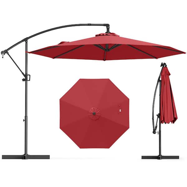 WELLFOR 10 ft. Patio Cantilever Umbrella in Red with Stand Outdoor Tilt Umbrella with Crossed Stand