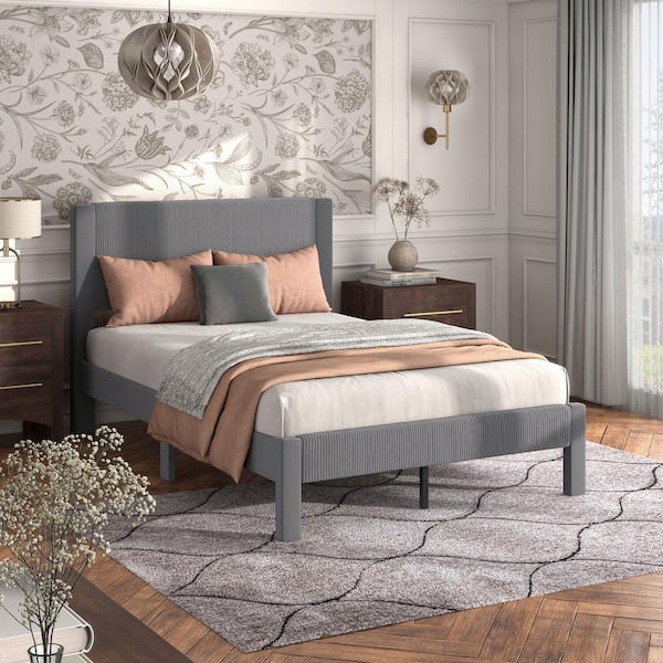 Roco Gray Wood Upholstered Velvet Frame Full Platform Bed With Slat Kit