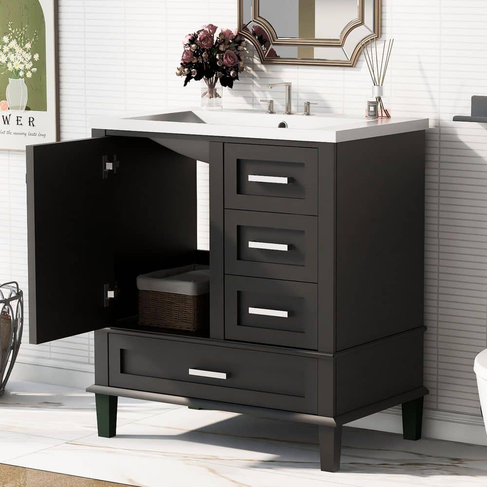 30 in. W Single Sink Freestanding Bath Vanity in Black with White Ceramic Top and 3 Drawers, Soft Closing Door