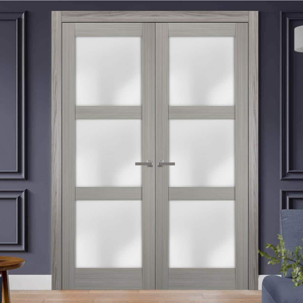 Solid Pine French Double Doors with Frosted Glass Panels
