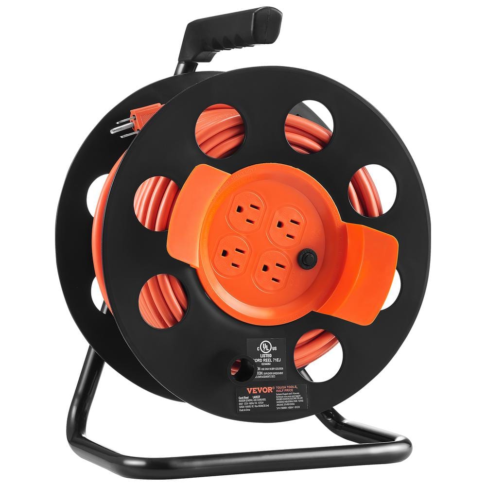 VEVOR 100 ft. Extension Cord Reel with 4 Outlets & Dust Cover, Heavy Duty 14AWG Sjtow Power Cord, Manual Cord Reel with Portable Handle Circuit