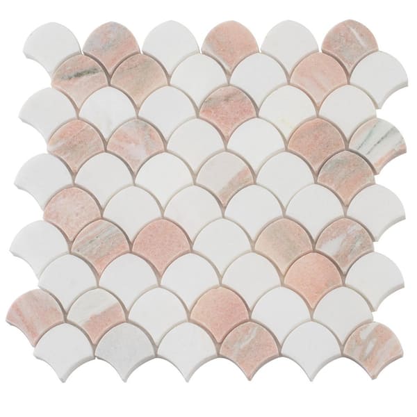 Rosendal 4 x 5 in. Polished Thassos, Norway Rose Fish-shaped Marble Mosaic Wall and Floor Tile Sample