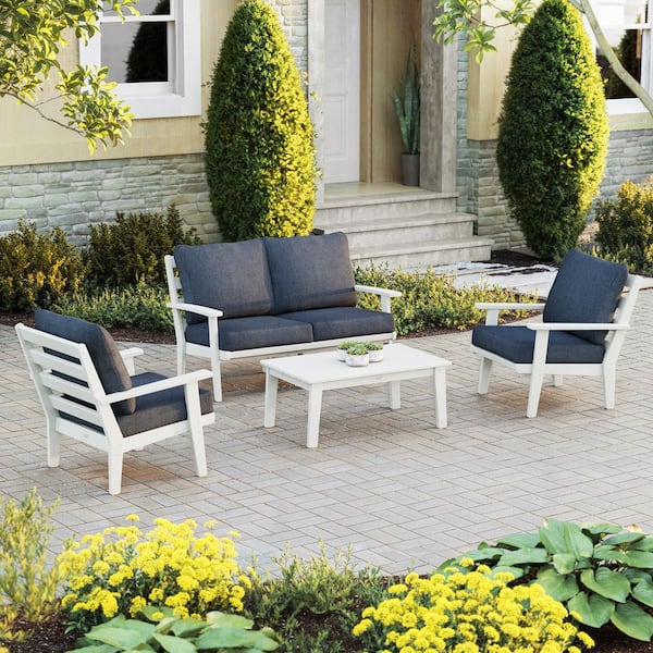 POLYWOOD Grant Park White 4-Piece Plastic Deep Seating Conversation Patio Set with Stone Blue Cushions