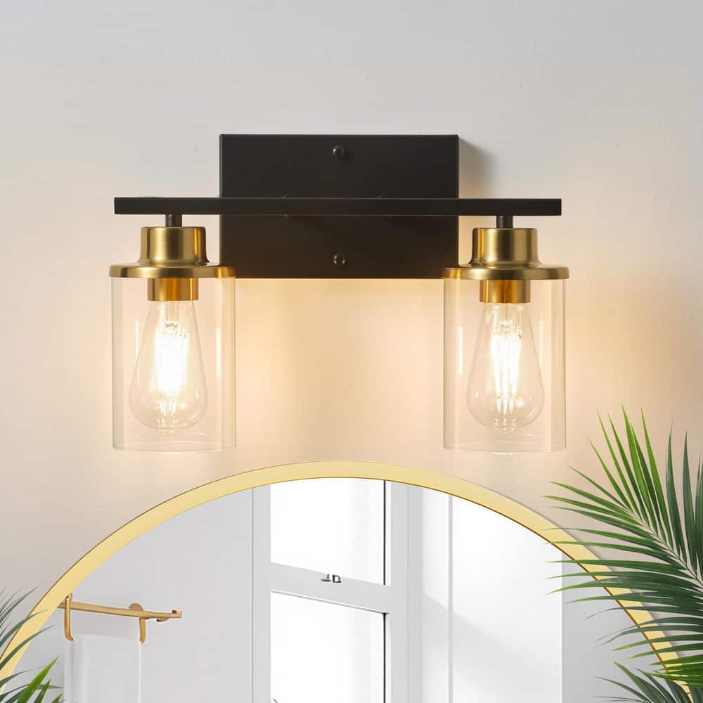 14 in. Modern 2-Light Black and Gold Vanity Light with Clear Glass Cylinder Shades for Bathroom Mirror and Powder Room price history on PriceWatchPro