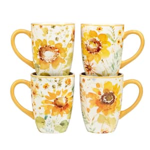 Sunflowers Forever 14 oz. Assorted Colors Earthenware Beverage Mugs (Set of 4)