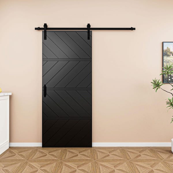 36 in. x 84 in. Paneled 4-Segments Wave Design Black MDF Sliding Barn Door Slab with Installation Hardware Kit