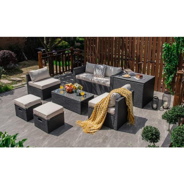 Kadehome 8-Piece Wicker Patio Conversation Set with Waterproof Cover andWhite Cushions