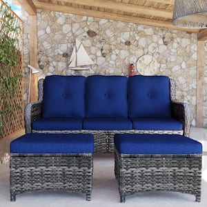 Wicker Outdoor Patio Sofa Sectional Set with Blue Cushions and Ottoman