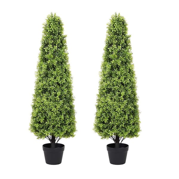 poetree 4 ft. Artificial Boxwood Cone Topiary Tree in Pot 2-Pack