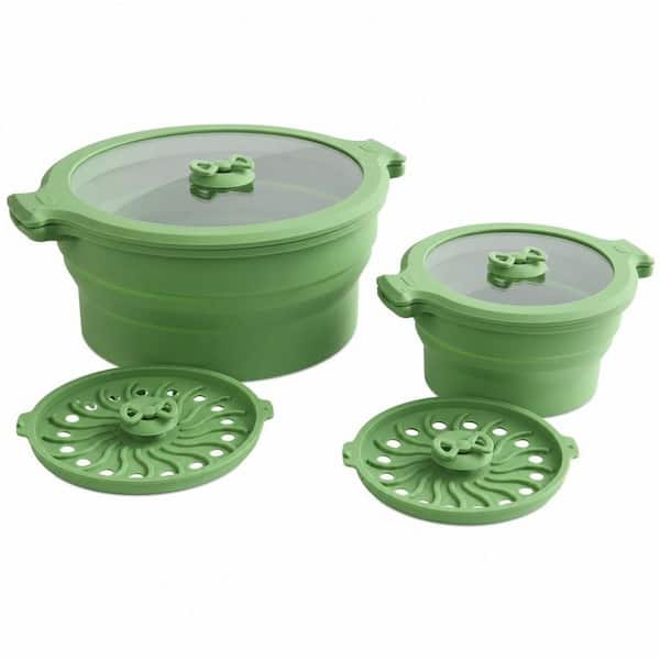 2-Piece 0.8L 1.4L Clear Collapsible Silicone Microwaveable Steamer Cooker with Lids Sealed Food Storage Bowls in Green