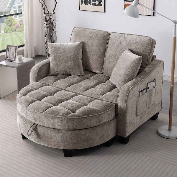 Selena Brown Chenille Chaise Lounge Double Sofa with Backrests, Ottoman, Storage Space, Pillows, Side Pockets