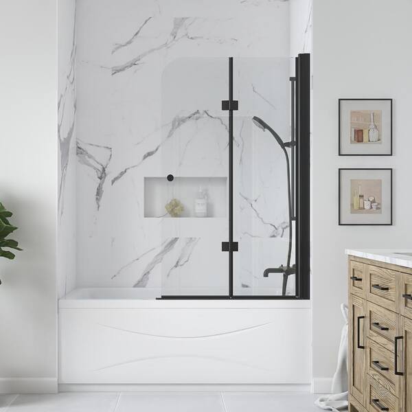 OVE Decors Sally 36 in. W x 48 in. H Bi-Fold Frameless Tub Door in Black Finish with Clear Glass