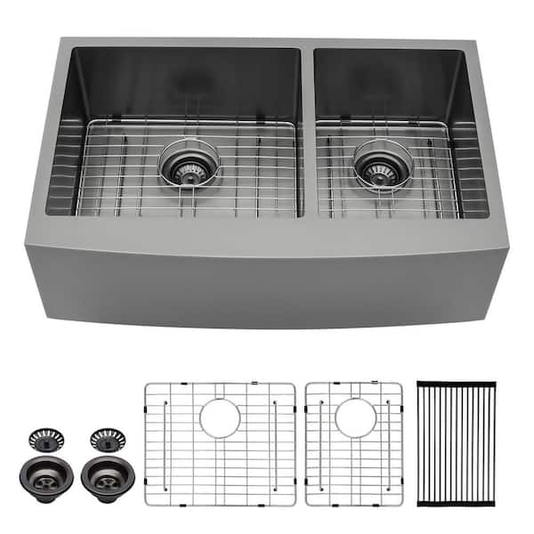 36 in. Farmhouse Apron Front Double Bowl Gunmetal Black 16-Gauge Stainless Steel Round Corner Kitchen Sink with Strainer