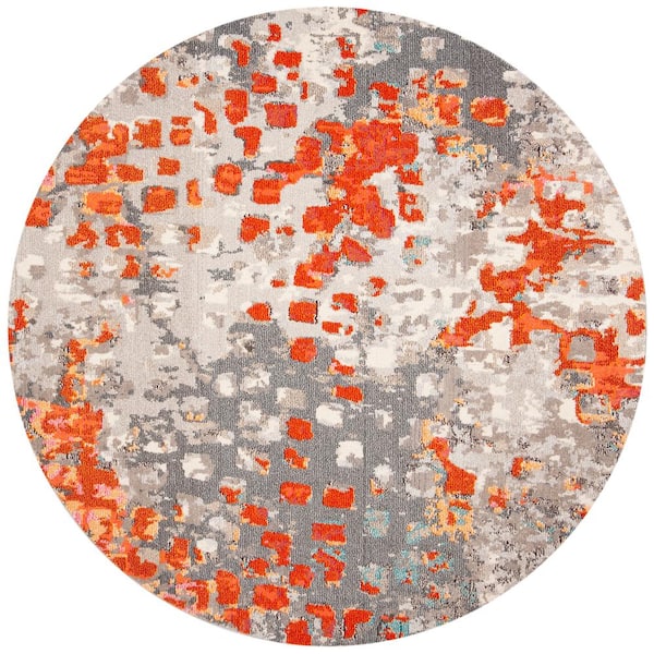 SAFAVIEH Madison Gray/Orange 10 ft. x 10 ft. Geometric Abstract Round Area Rug