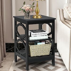 16 in. Black Square Wood End Table with 2 Shelves
