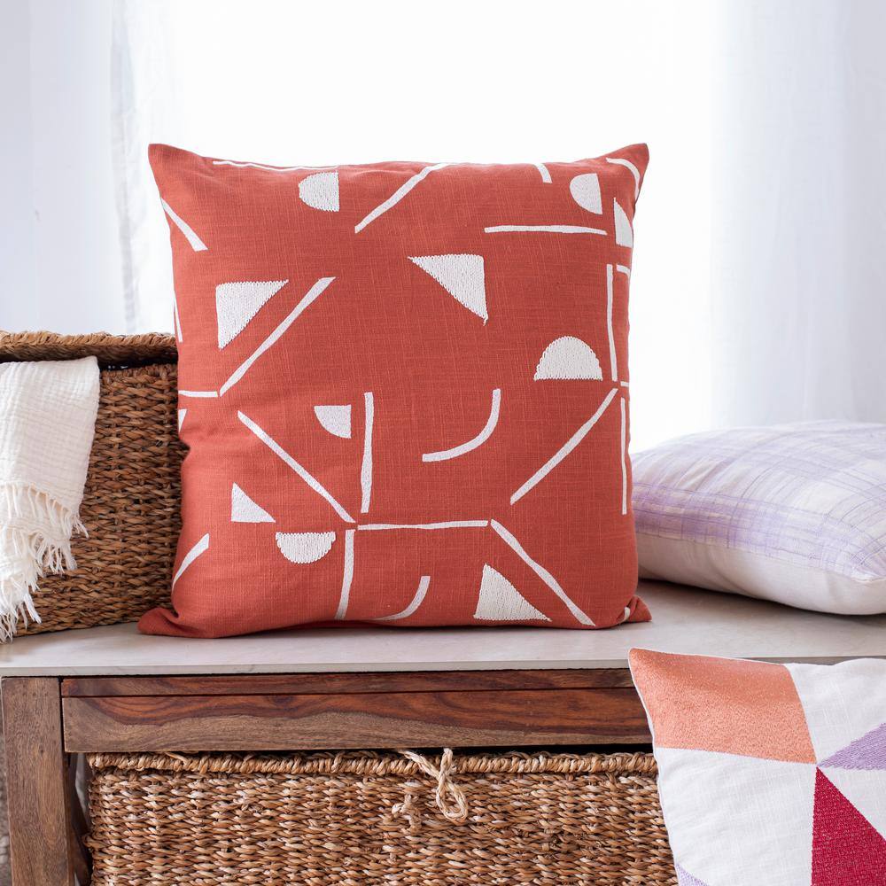 Orange and Ivory Geometric Embroidered Cotton Blend Throw Pillow