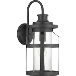 Haslett Collection 1-Light Textured Black Clear Seeded Glass Farmhouse Outdoor Large Wall Lantern Light