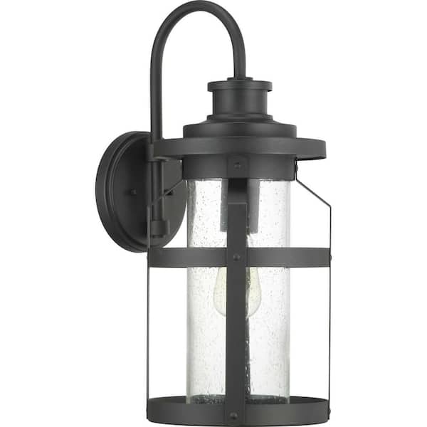 Progress Lighting Haslett Collection 1-Light Textured Black Clear Seeded Glass Farmhouse Outdoor Large Wall Lantern Light