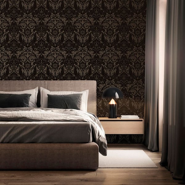 Llewelyn-Bowen Off The Wall Brown Damask Sauvage Flocked Finish Non-Pasted Non-Woven Wallpaper Sample