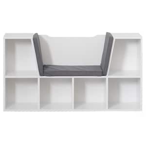 White Modern Multi-Purpose Bookshelf with Storage Space and Gray Cushioned Reading Nook