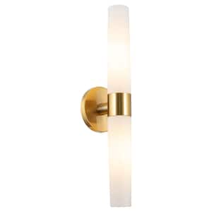 Duo 4.5 in. 2-Light Cool Brass 60-Watt Modern Wall Sconce with Frosted Shade, No Bulb Included