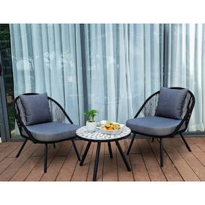 Chillon Black 3-Piece Wicker Outdoor Bistro Set with Gray Cushions