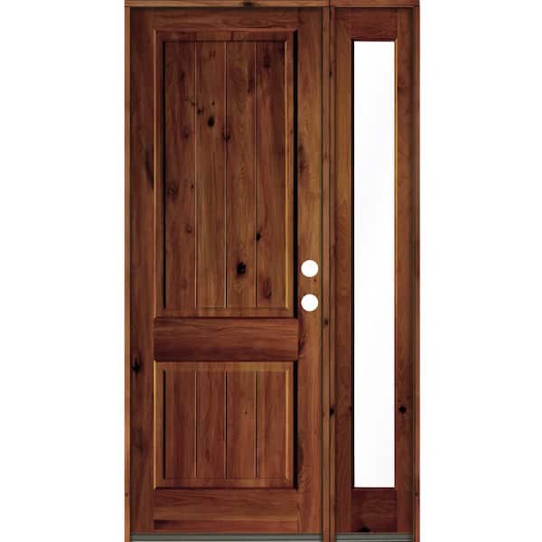 Krosswood Doors 50 in. x 96 in. Knotty Alder Square Top Left-Hand/Inswing Glass Red Chestnut Stain Wood Prehung Front Door with RFSL