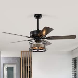 Farmhouse 52 in. Indoor Black Ceiling Fan with Industrial Cage Lampshade, 2-Color-Option Blades and Remote Included