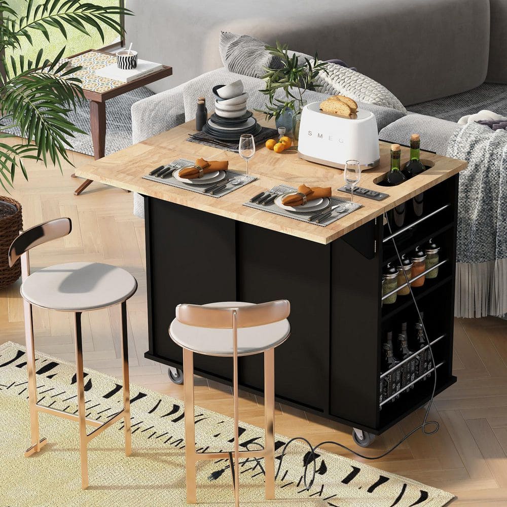 Farmhouse Black Wood 39.8 in. Kitchen Island Cart with Power Outlet, Wine Racks, Open Storage, Drop Leaf and 5 Wheels price history on PriceWatchPro