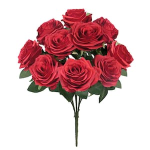 18 in. Deluxe Red Artificial Queen Rose Flower Stem Bush Bouquet (Set of 2)