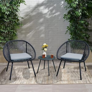 Black 3-Piece Metal Round Table Outdoor Rattan Outdoor Bistro Set with Gray Cushion