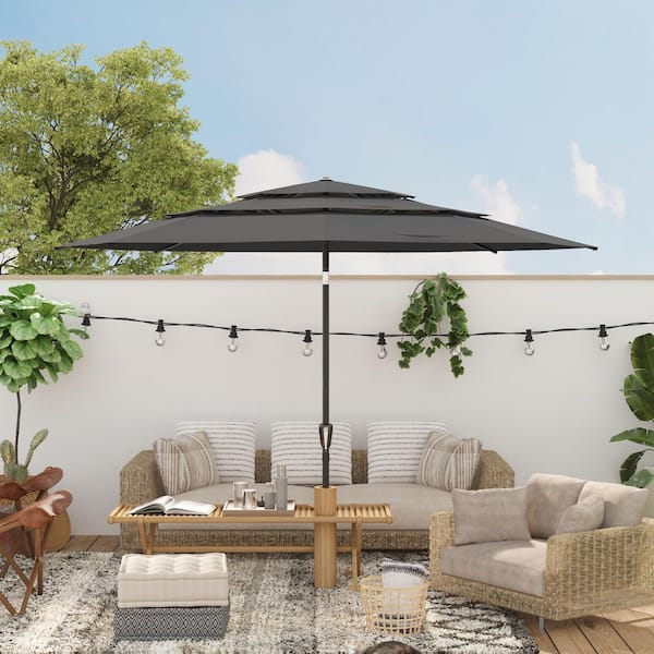 11 ft. Outdoor Cantilever Umbrella with 3-Tier Canopy, Patio Umbrella with 8 Heavy-Duty Ribs & Crank Tilt in Dark Gray