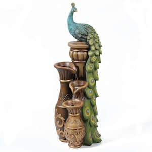 Resin Pedestal Peacock and Urns Outdoor Cascade Fountain With LED Lights