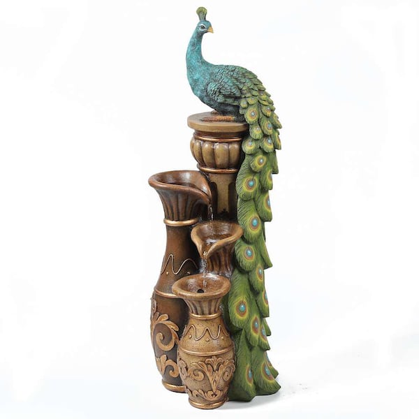 LuxenHome Resin Pedestal Peacock and Urns Outdoor Cascade Fountain With LED Lights