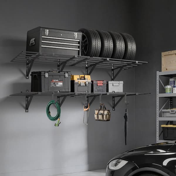 2-Tier Garage Shelving, 25 in. x 72 in. Black Heavy Duty, Wall Mounted Carbon Steel Garage Wall Shelf, 1600lbs. Capacity