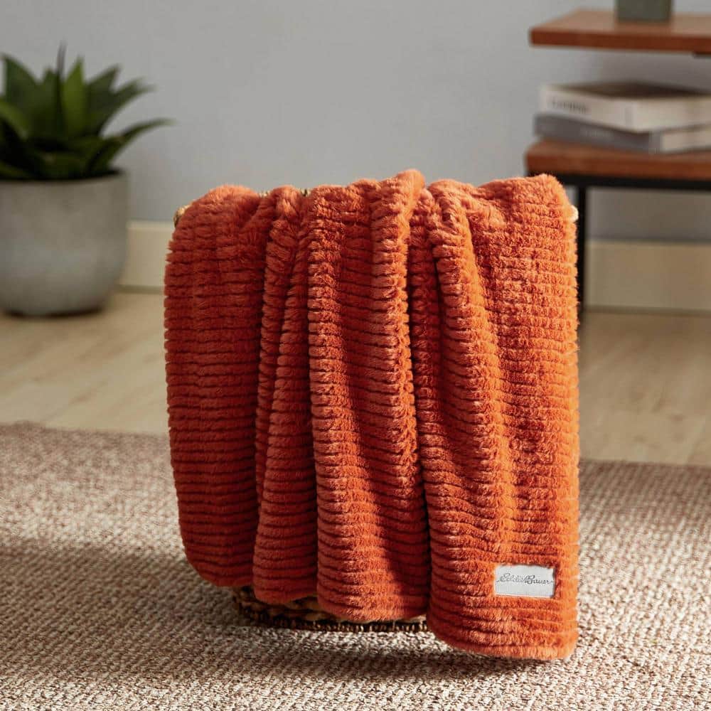 Orange Ribbed Reversible Plush Fleece Throw Blanket