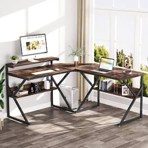 Havrvin 63 in. L Shaped Brown Wood Desk with Storage Shelves, Industrial Corner Study Computer Desk with Monitor Stand