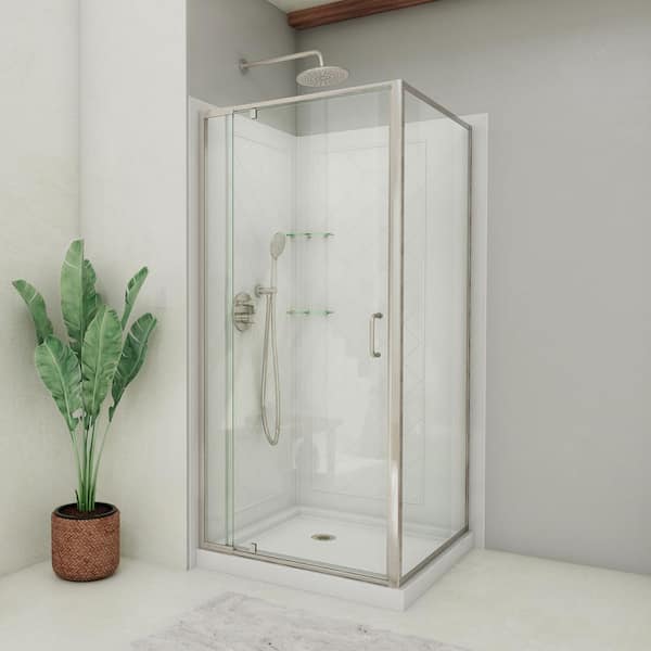 DreamLine 36 in. D x 60 in. W x 78-3/4 in. H Pivot Semi-Frameless Shower Enclosure Base and White Wall Kit in Brushed Nickel