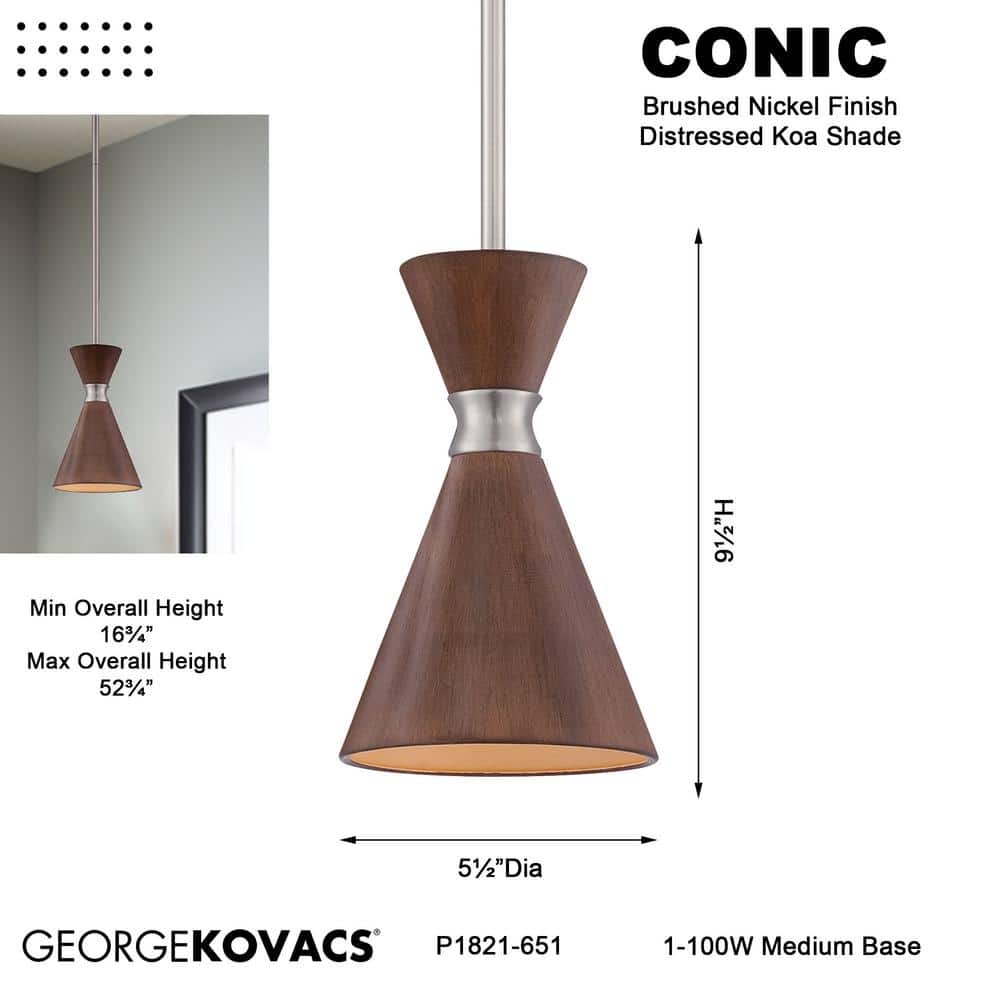 Distressed Koa Brushed Nickel Mini Pendant Light