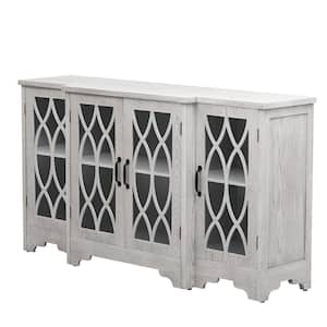 Antique White Retro Wood 58 in. Curved Line Design Sideboard with Black Handle and Adjustable Shelves