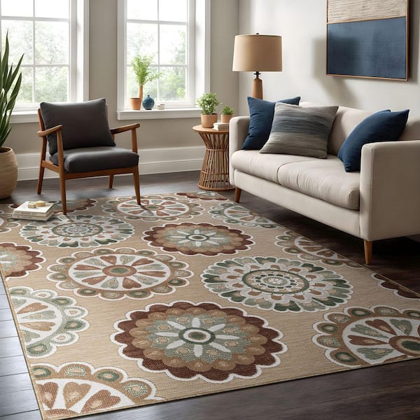 Mandala 9 ft. x 12 ft. Beige  Washable Bohemian Medallion Indoor Outdoor Area Rug