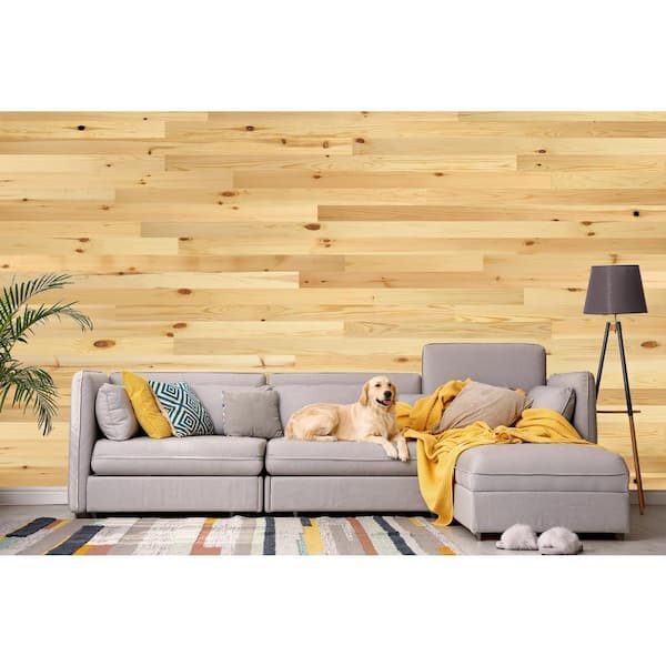 1/8 in. x 4 in. x 12-42 in. Pine Peel and Stick Blonde Wooden Decorative Wall Paneling (10 sq. ft./Box)